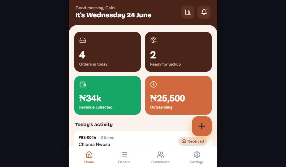 Crisp home screen showing the shop owner's daily overview