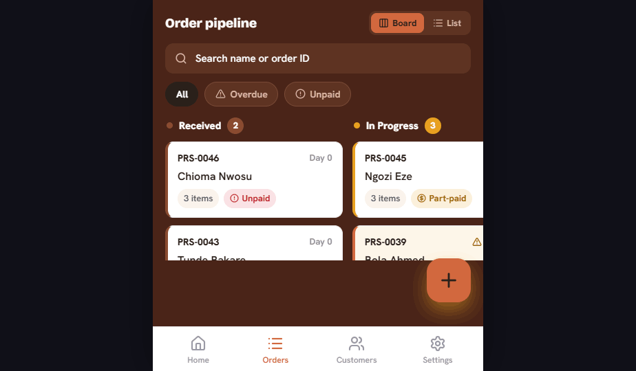 Crisp order pipeline board with orders grouped by stage