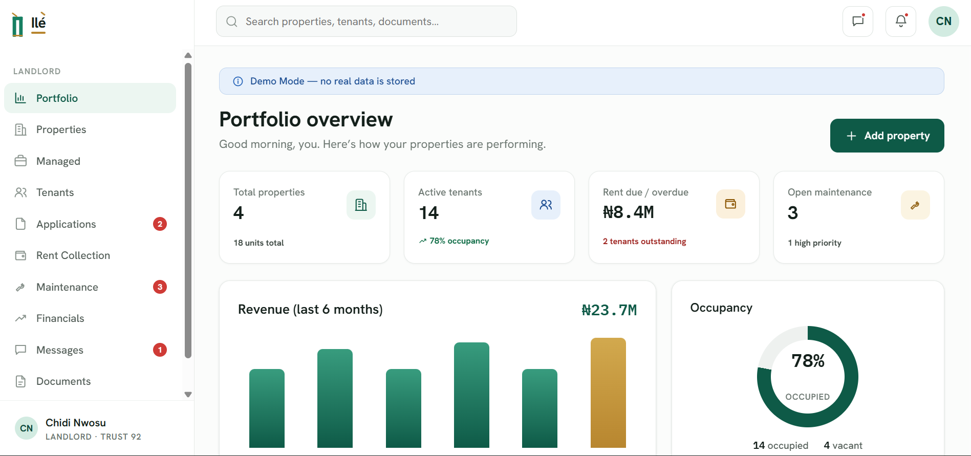 Ilé landlord portfolio overview with occupancy and revenue
