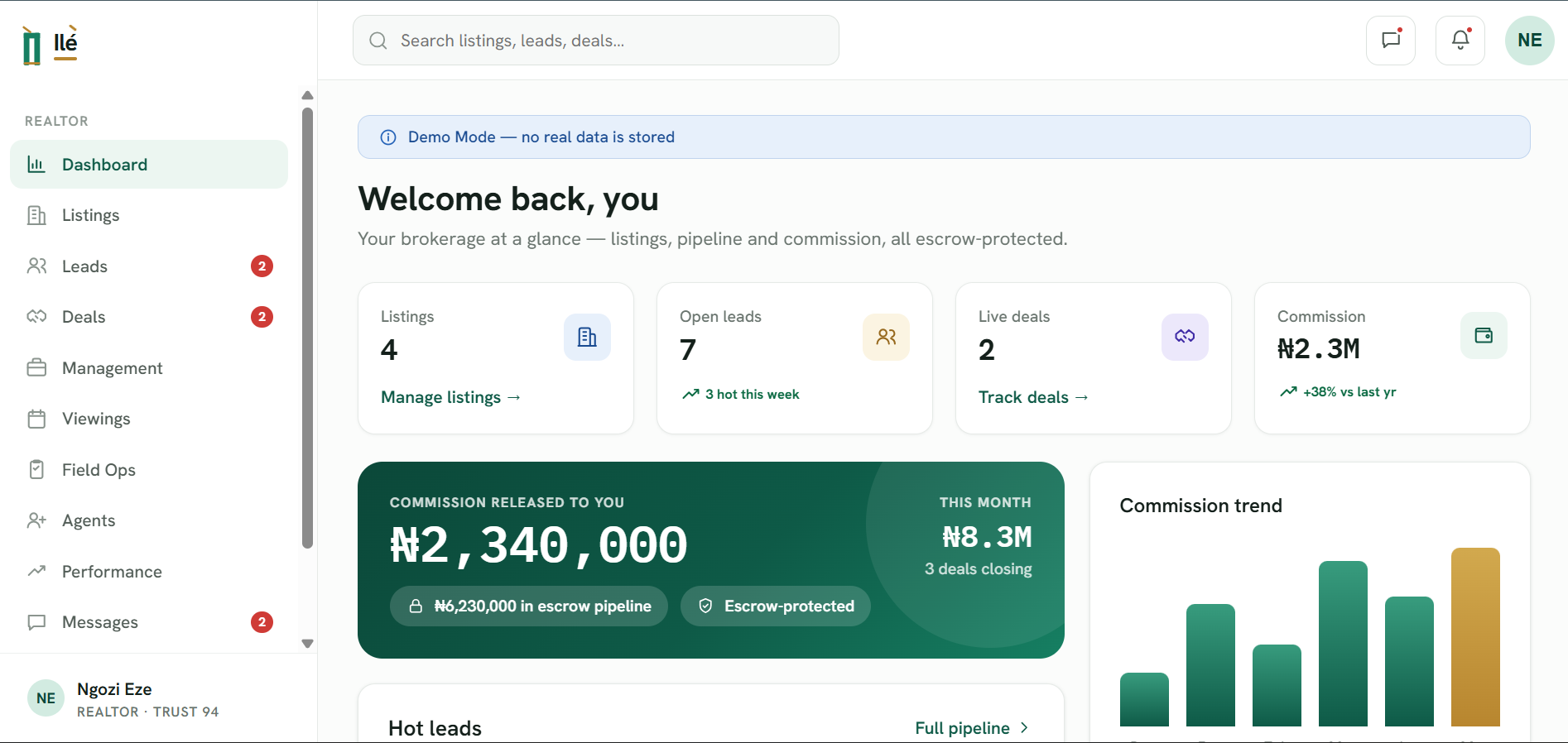 Ilé realtor dashboard with listings, leads, and commission