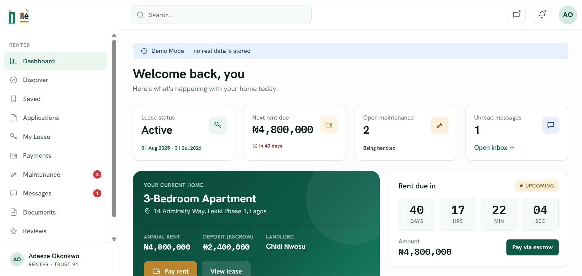 Ilé renter dashboard showing lease status and rent due
