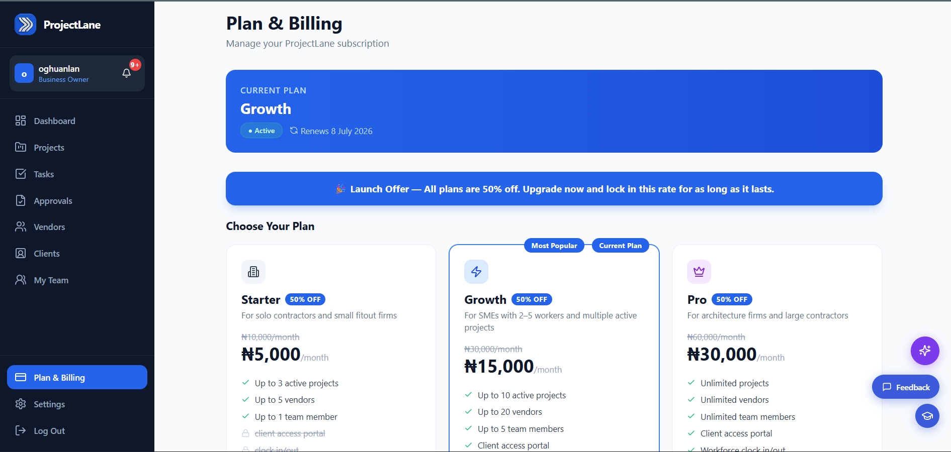 ProjectLane plan and billing page showing subscription tiers